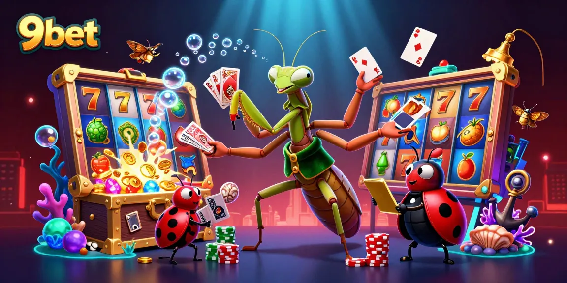 Experience thrilling slot games with 9bet's vibrant casino illustration of a mantis card sharp.