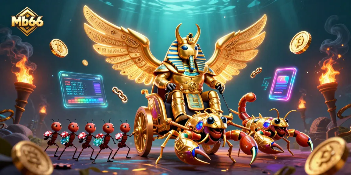 Experience thrilling gameplay with Mb66 as golden scarabs and scorpions soar through a vibrant casino world.