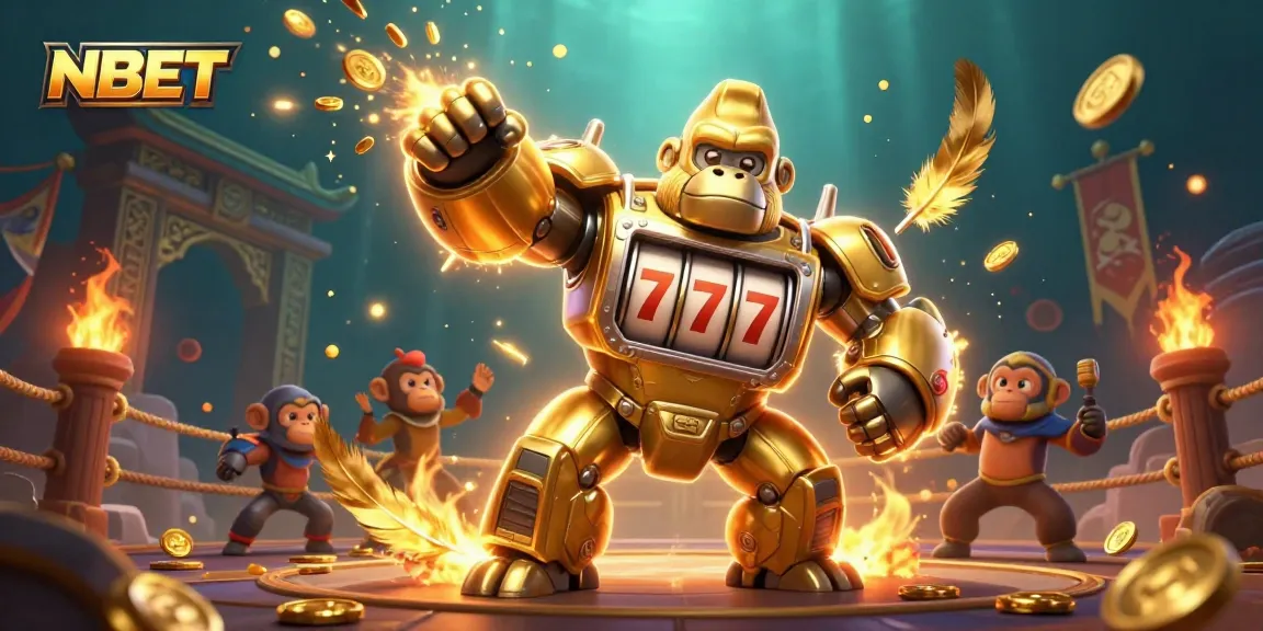 Experience NBET gaming excitement as the golden gorilla mech unleashes jackpots with explosive action.