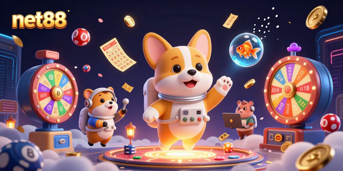 Join the excitement at net88 with a vibrant scene of a space casino featuring playful characters.