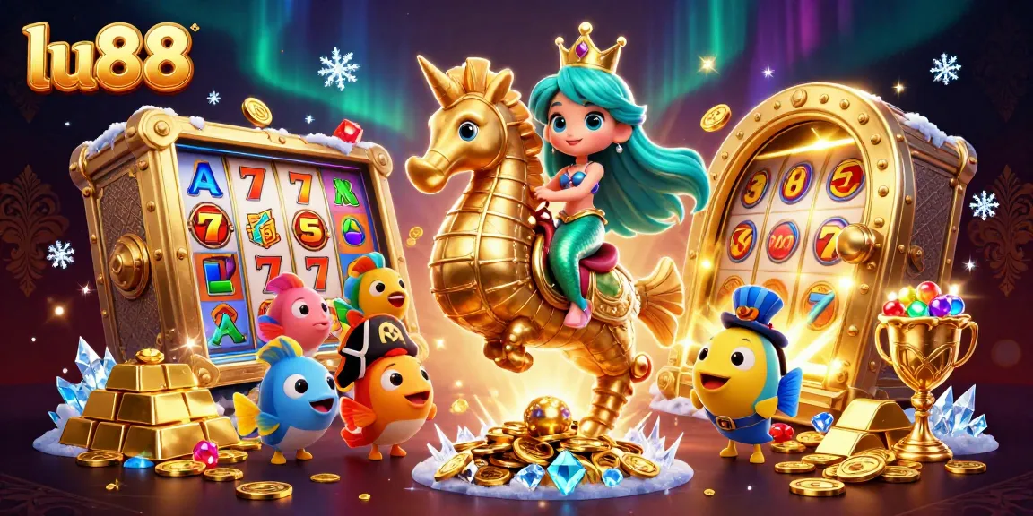 lu88 casino scene featuring a mermaid princess and a golden seahorse amidst treasures and slot elements.