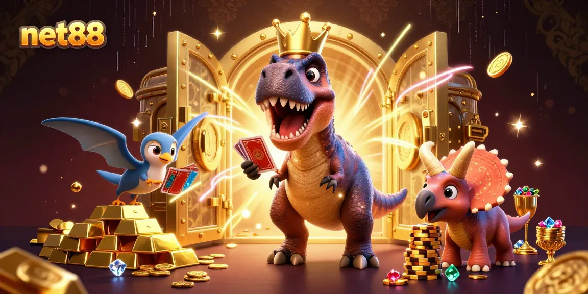 net88 showcases a lively casino scene with a T-Rex shuffling cards and a pterodactyl assisting, sparkling gems and golden chips.