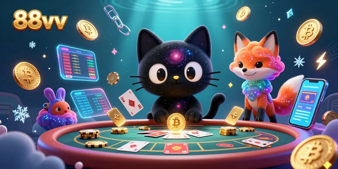 Experience the thrilling universe of 88vv with a cosmic cat at a casino table, attracting chips and cards.